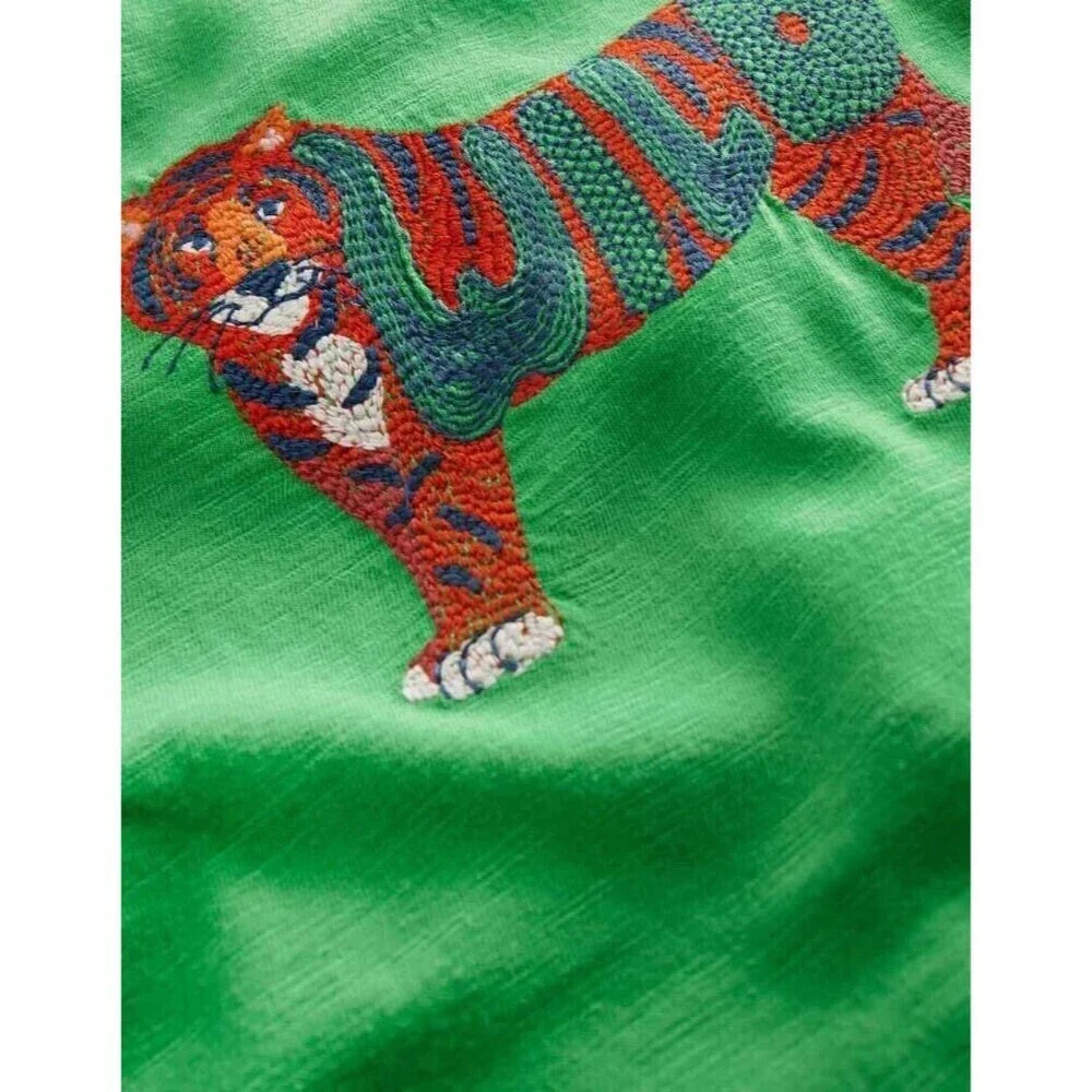Mini Boden Kids Animal Printed Cotton T-Shirt in Aloe Green Tiger 11-12Y